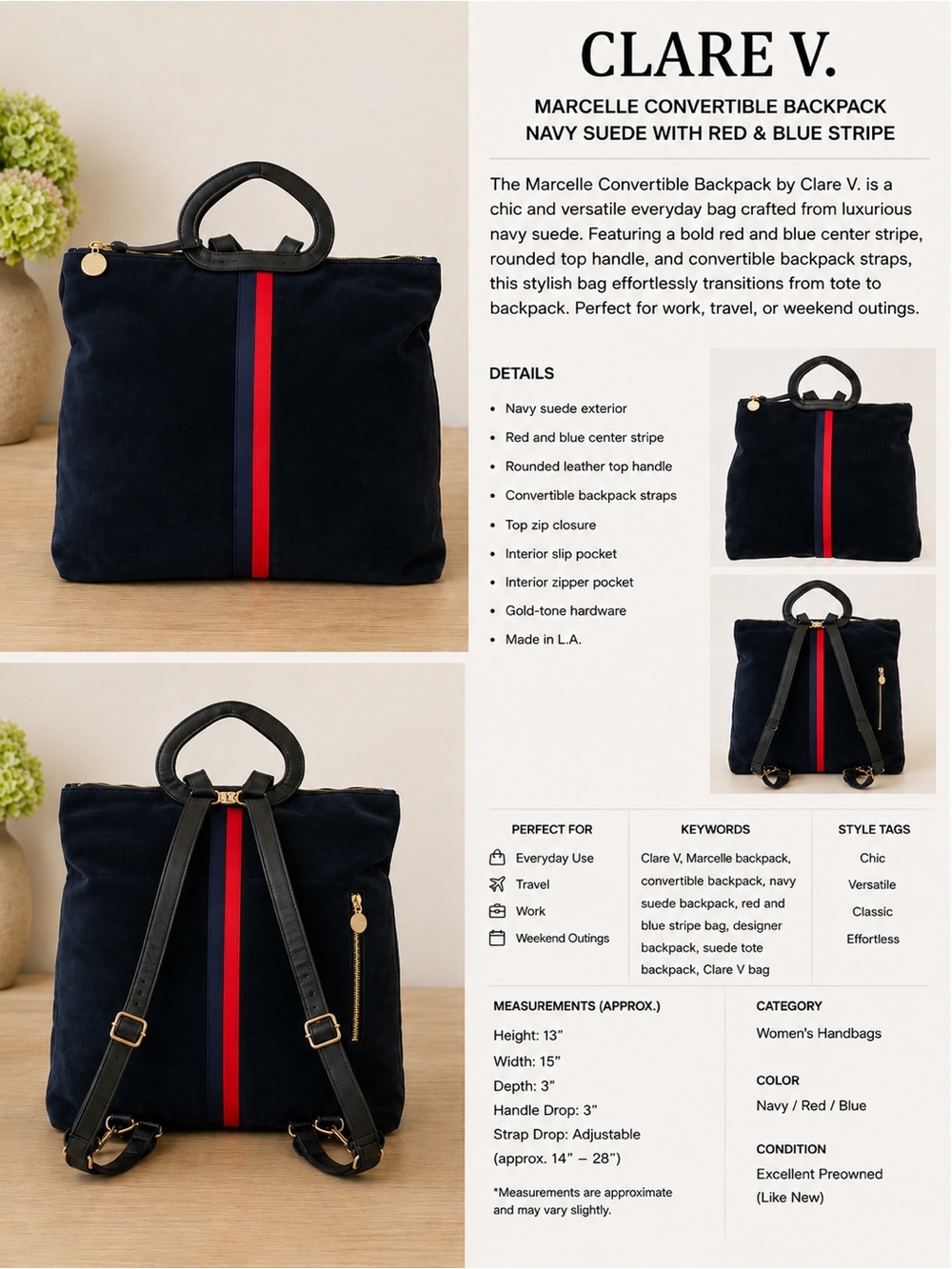 Clare V Marcelle Navy Suede Convertible Backpack Red Blue Stripe NWOT
